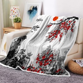 Mantas japonesas de flor de cerezo, mantas de franela japonesas asiáticas para sofá y cama, mantas de sol rojo súper suaves y cálidas, manta de felpa acogedora de 50 x 70 pulgadas