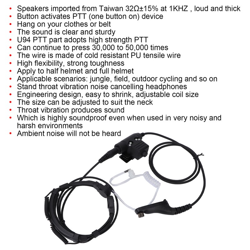 7.1mm Throat Mic Earpiece Retractable Walkie Talkie Headset with U94