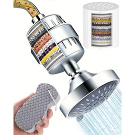 Cabezal de ducha de 6' con filtro de ducha de 15 etapas, cabezal de ducha de alta salida con cartucho, Ducha Tipo Lluvia para Agua Dura, Elimina Impur