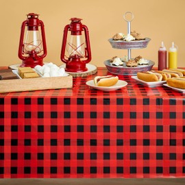 Blue Panda Buffalo Plaid Plastic Tablecloth Picnic Table Cover - 3 Pack 54 x 108 in Red & Black - Disposable Durable Decor for Lumberjack Party Decorations & Buffalo Theme Party