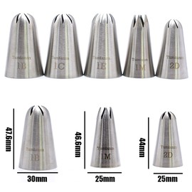 Tumtanm 5 Pack Extra Large Piping Nozzles, 1B 1C 1E 1M 2D# Seamless Stainless Steel Piping Icing Tips for Cupcakes