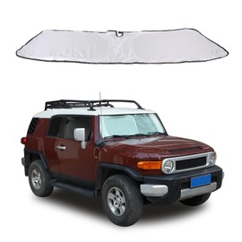Car Windshield Sun Shade with Storage Pouch Compatible with Toyota FJ Cruiser 2007-2021, Reflective 240T Material Sun Visor with Mirror Cut-Out, Foldable Sun Shield for Heat and UV Protection