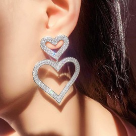 W WEILIRIAN Boho Large Crystal Heart Earrings for Women Rhinestone Heart Dangle Earrings Big Hollow Heart Drop Earrings Silver Cz Heart Earrings Statement Heart Earrings Jewelry for Girls (Silver)