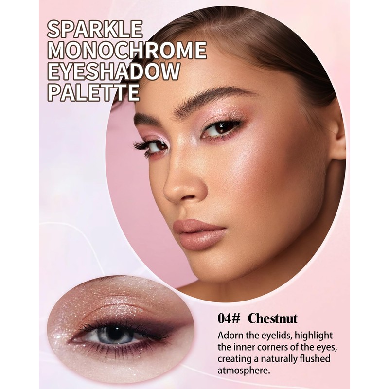 Sparkle Monochrome Eyeshadow Palette, Pink Glitter Shimmer Highly Pigmented Eye