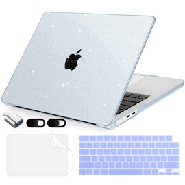 MecBevia Compatible with MacBook Air 15 inch Case, M4 A3241/M3 A3114/M2 A2941 (Released 2025 to 2023), Hard Shell, Keyboard Cover, Screen Protector, Webcam Cover & Type-C Adapter, Sparkly Blue