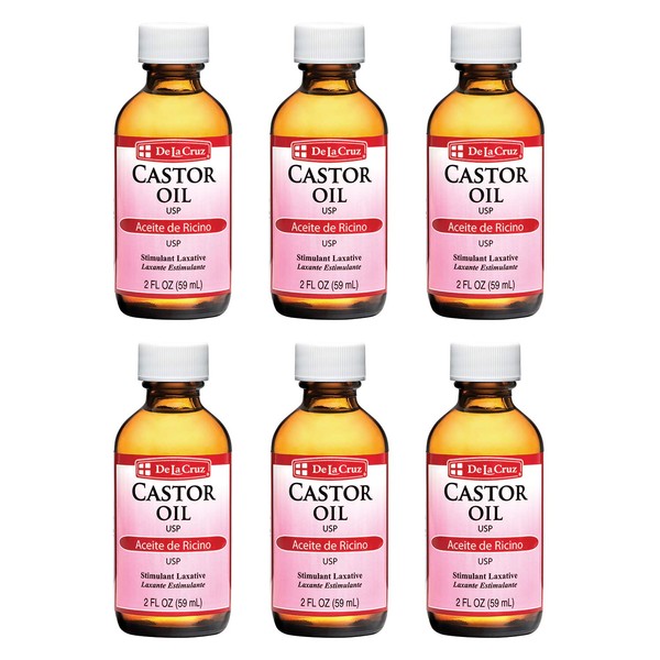 De La Cruz Castor Oil - 100% Pure Expeller Pressed Castor Oil for Nourishing Skin, Hair, Eyelashes, and Eyebrows - Natural Laxative USP Grade, 2 FL Oz (6 Bottles)