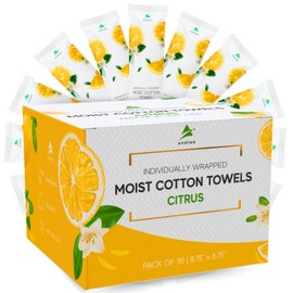 30 Citrus Moist Towelettes Individually Wrapped – Scented Disposable Face & Hand Towels 9'' x 9" – Pre-Moistened Hand Wipes Individually Wrapped – Soft Refreshing Wipes for Travel, Spa, Restaurant