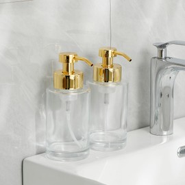 Foaming Soap Dispenser Set, 12 Oz Clear Glass Hand Soap Dispenser with Gold 304 Rust Proof Stainless Steel Pump, Waterproof Labels, Bottles for Bathroom Decor Kitchen College Dorm, 2 Pack