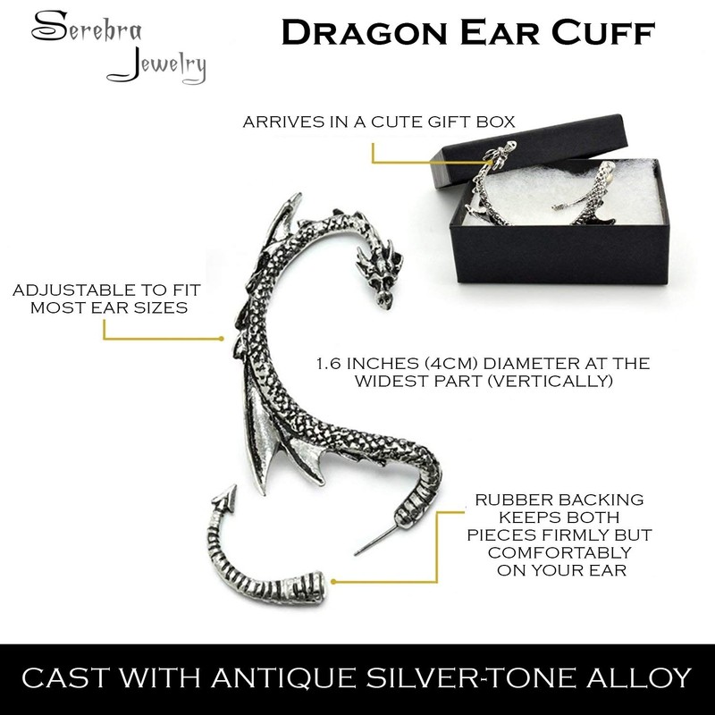 Dragon Ear Cuff Stud Earrings with Silver Tint by Serebra