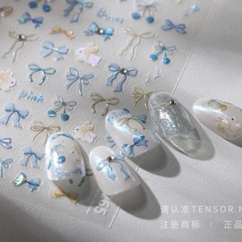 5D Embossed Bow Nail Stickers Blue Bow Nail Art Stickers Self-Adhesive Rabbit Nail Decals Ribbon Nail Stickers with Rhinestone Design Spring Summer Nail Supplies for Women Girls DIY Manicure