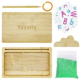 Yayatty Wooden Sand Tray with Lid for Writing Letters and Numbers, Wooden Sand Writing Trays Montessori Sand Tray with Green Sand, Card, Pen for Drawing, 10.2 x 6.3 Inch