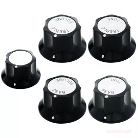 Rickenbacker NEW (5) Knobs RICKENBACKER Style Black/Silver Bass/Guitar Press-Fit Metric 6MM