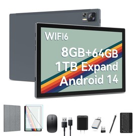Newest Android 14 Tablet WIFI6 Large Storage 8GB RAM (4+4 Virtual) + 64GB ROM+512GB Expandable, Octa-Core 2 in 1 Tablet with Keyboard, 7000 mAh Battery Tablet 10.1 Inch Screen, Bluetooth/Case/Mouse - Color: Gray