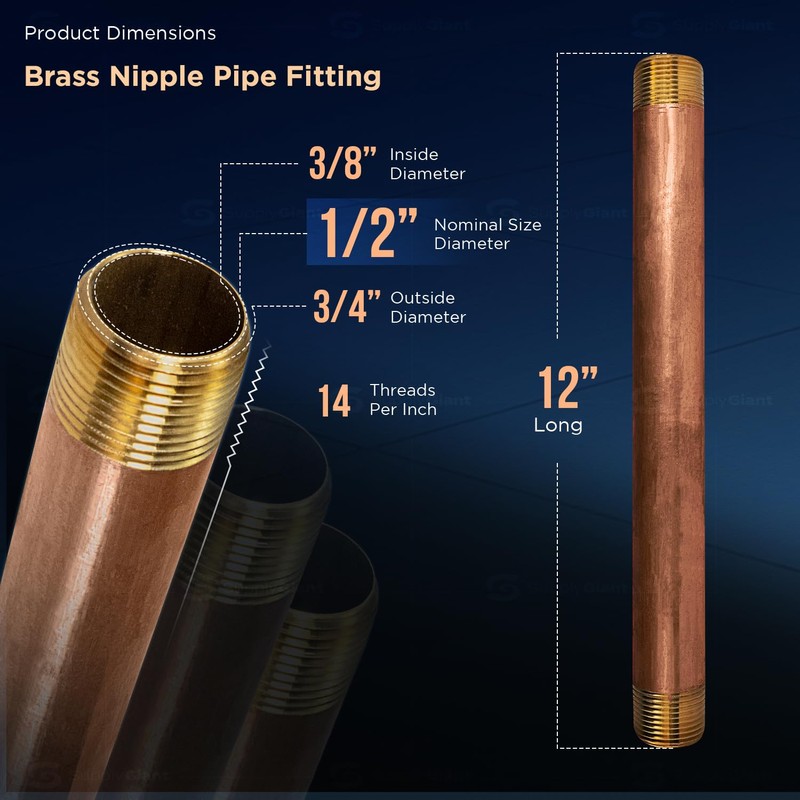 12" Long Brass Nipple Pipe Fitting with 1/2" Nominal Diameter