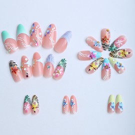 Flower Press on Nails Colorful French Tip Fake Nails with 3D Pearl Rhinestones Floral Leopard Designs 24 Pcs Natural Reusable Medium Almond Acrylic Nail Full Cover Stick on Nail for Women WYFHDT