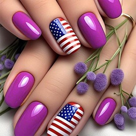 4th of July Press on Nails Short Square Purple Fake Nails with American Flag Designs Independence Day Glue on Nail Reusable Artificial Glossy Acrylic Full Cover Stick on False Nail for Women 24 Pcs