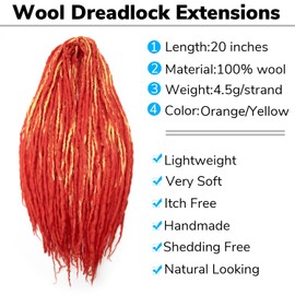 20 Inch Wool Dreadlock Extensions 20 Strands Double Ended Blonde Handmade Synthetic Hippie Wool Dreads Extensions Locs Style Crochet Hair for Women（Orange/Yellow，20 Inches）