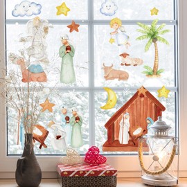 AnyDesign 6 Sheet Christmas Window Clings Watercolor Nativity Scene Window Decal Holy Jesus Double-Sided Xmas Snowflake Window Decor Reusable for Home School Nursery Office