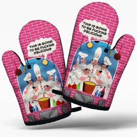 Funny Chef Cooking and Baking BBQ Kitchen Gadgets with Heat Resistant Silicone Non-Slip, This is Going to Be Fxxking Delicious Oven Mitts Set of 2, Gifts for Bake Lover Bakers Wife Colleague Dad BFF