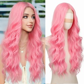 Nnzes Long Pink Wavy Wig for Women Middle Part Curly Wigs Natural Looking White Synthetic Heat Resistant Fiber Women Wigs for Daily Use 26Inch