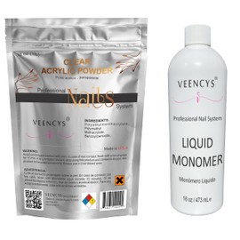 Veencys Acrylic Powder for Nail (16 oz CLEAR) + Veencys TRUE EMA Professional Liquid Monomer- Non-yellowing- Ultra Shine and Strong Nail Extension (16 FL oz)