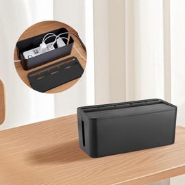 Cord Organizer Box, Black Cable Management Box with Bamboo Lid, Large Cable Storage Box with Multiple Slots and USB Port for Power Strip, Charging Cables, and Electrical Cord Organization