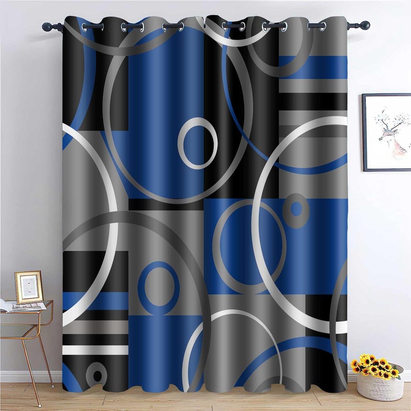 Blue and Black Blackout Curtains Geometric Line Plaid, 52x84 Inch
