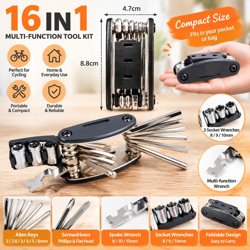 16-in-1 Bicycle Repair Tool Kit – Portable Stainless Steel Multitool