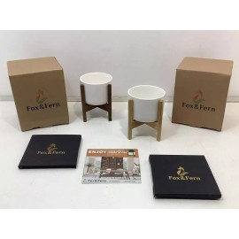 Fox & Fern Bamboo Acacia wood Mini Plant Stand and White Pot NEW SET OF 2