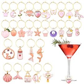 29 Pcs Wine Glass Charms, Wine Charm Rings for Stem Glasses Markers - Summer Ocean Pink Drink Identifier Tags for Bachelorette Tasting Party Gathering Wedding Gift Favor Drinks Decor Supplies