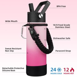 BJPKPK Insulated Water Bottle with Straw Lid, 22oz Thermal Flasks Water Bottles with 3 Lids, Paracord Handle & Non-slip Boot, BPA Free Leak Proof Stainless Steel Tumblers, Cups,Cherry