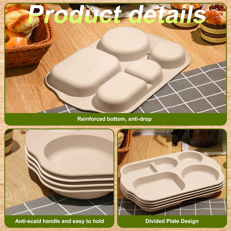 Tanlade 8 Pcs Large Unbreakable Divided Plates 12 Inch Wheat