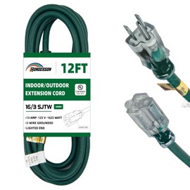 HONDERSON Indoor Outdoor Extension Cord Weatherproof with Lighted End, UL Listed, 16 Gauge 12FT Green 3 Prong Heavy Duty Extension Cord, 16/3 SJTW 13A Power Extension Cord for Outdoor Lights, Lawn
