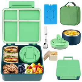MAXSO Bento Lunch Box Set with 8 oz Soup Thermo, Kids Leakproof 4 Compartments Hot Food Container with Sauce Cup, Ice Pack and Lunch Bag, Child Insulated Food Jar for School - Green