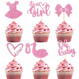 42 Stück Its A Girl Tortendeko Babyparty Deko Mädchen Set Rosa Cupcake-Topper Mit Schleife Kleid Herz Glitzer Muffin Deko Rosa Zur Geschlechtsenthüllung Für Taufe Baby Shower Party Deko