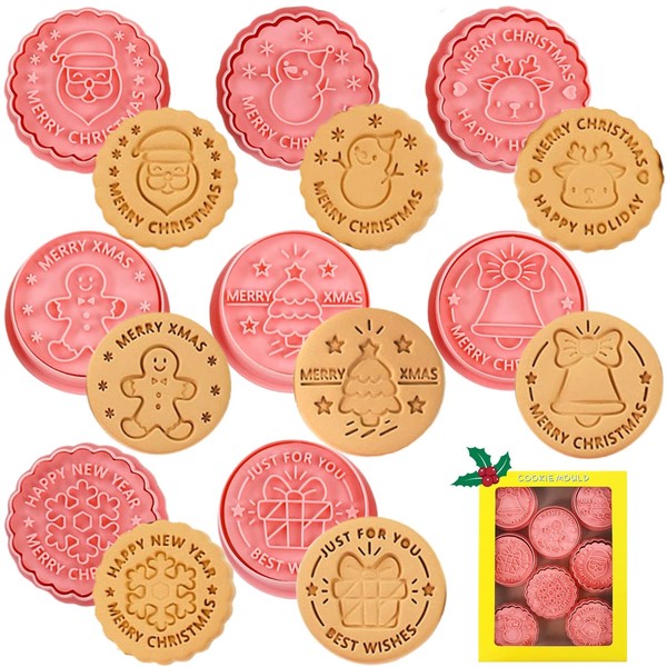 Crethink Christmas Cookie Cutter and Stamp - 8 Pieces Christmas Cookie Cutters Christmas Plastic Cookie Cutters for Baking