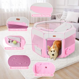 Seiyierr Dog Playpen, Portable Pet Playpen, Puppy Playpen, Cat Playpen with Carrying Case, Dog Playpen for Small Dogs Indoor/Outdoor, Removable Mesh Shade Cover, Pink XL