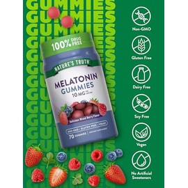 Nature's Truth Gomitas de melatonina de 10 mg | 70 unidades | Sabor a bayas | Suplemento vegano, sin OMG y sin gluten | Suplemento vegano, sin OMG y s