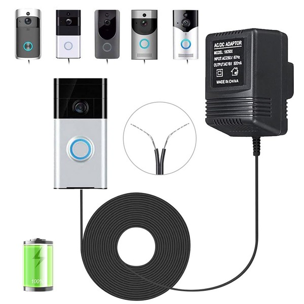 Doorbell Transformer UK, 18V 500mA Doorbell Power Supply Plug in Adapter Compatible with Video Door Bell, 5M/16ft Cable (Black)