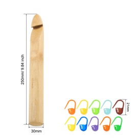 sourcing map Wood Huge Crochet Hook 30mm US Size T/X Big Wooden Bamboo Crochet Needles with 10 Pcs Knitting Stitch Markers for Crocheting Giant Chunky Yarn