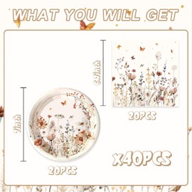 40Pcs Wildflower Birthday Party Decorations Vintage Wildfloral Butterfly Disposable Plates Napkins Tableware Set Serves 20 Tea Party Baby Shower Wedding Birthday Party Decorations