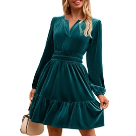Simplee Womens Velvet Dress 2025 Winter Christmas Notch V Neck Long Sleeve Holiday Swing Mini Dresses Elegant Party Retro Fashion Cloth with Pockets(Teal Blue L)