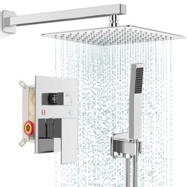 FPXRNG Shower Faucet Set Bathroom Square Rain Shower Head and Handle Set, Wall Mounted Shower Fixtures, Full Metal Trim Repair Kit 10 inch Polished Chrome (With Shower Valve)