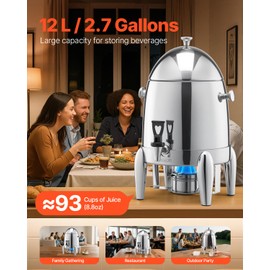 VEVOR Stainless Steel Beverage Dispenser, 2.7 Gallon Drink Dispenser with Alcohol Burner, Hot & Cold Drink Dispensers for Coffee Tea Hot Water, with Spigot Ice Tube, for Restaurants, Hotels, Parties