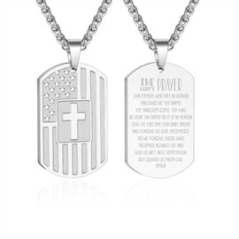 Zocomi Dog Tags Cross Necklace for Teen Boys Men, American Flag Religious Christian Pendant Chain Baptism First Communion Confirmation Jewelry Gifts Teenage Male Son Kids Boys Age Lord’s Prayer Silver