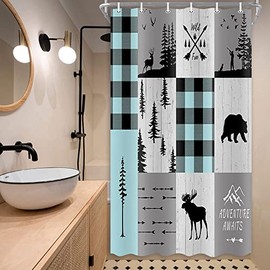 Boziqr Rustic Cabin Lodge Shower Curtain, Bear Moose Deer Trees Decor Bathroom Curtains, Machine Washable Polyester Fabric, 36 x 70 Inches