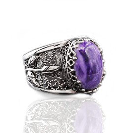 Filigranist 925 Sterling Silver Filigree Art Tulip Detailed Women Statement Cocktail Ring with Charoite Gemstone, Luxurious Gift Packed (Charoite, 6.5)