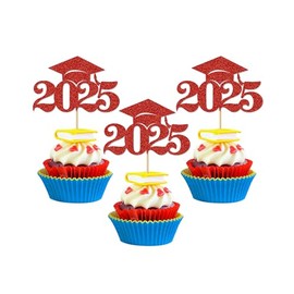 Graduation Decorations 2025-24Pcs Red Glitter 2025 Graduation Cap Cupcake Toppers for Class of 2025 Party Decorations