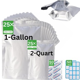 "50 pcs Mylar Bags with Oxygen Absorbers (500cc) for Food Storage – Durable Mylar Bags for Long-Term Food Preservation, Ideal for Dry Goods, Grains" (1- Gallon + 2- quart 50PCS)