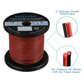 BNTECHGO 22 Gauge Flexible 2 Conductor Parallel Silicone Wire Spool Red Black High Resistant 200 deg C 600V for Single Color LED Strip Extension Cable Cord,Model,250ft Stranded Tinned Copper Wire